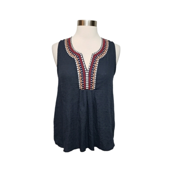 Monteau Small Tribal Embroidered Sleeveless Navy Top - Picture 1 of 10